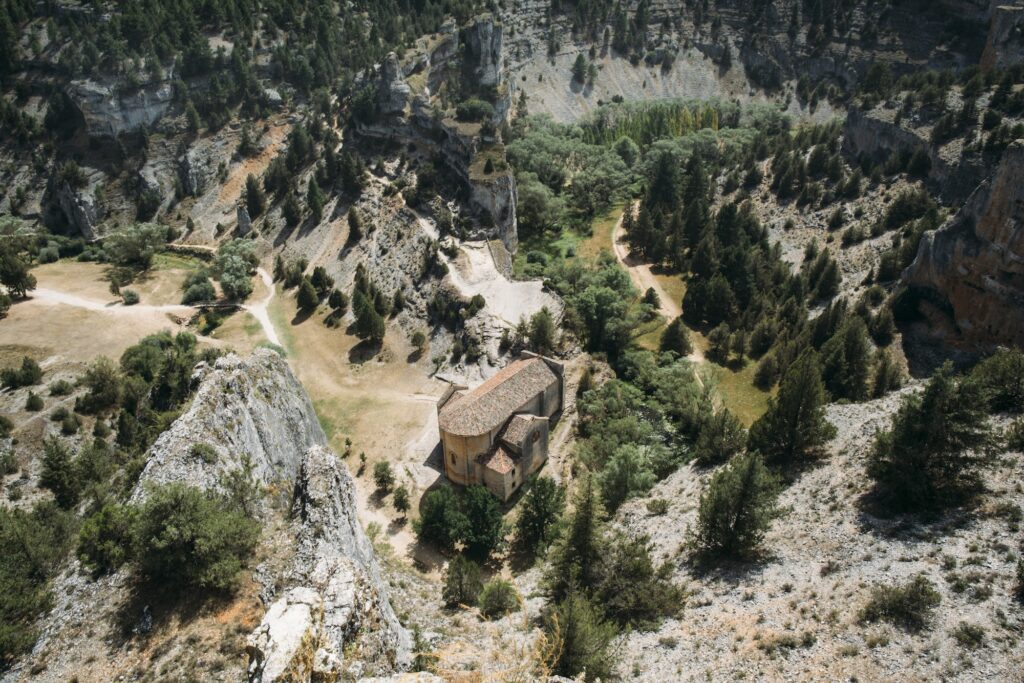 Aerial view of Cañon del rio lobos Church, Ucero, Soria, Spain.